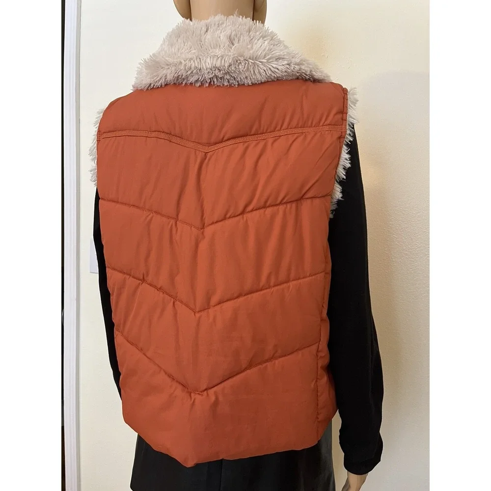 Vintage Y2K Baileys Point Orange Quilted Puffer Faux Fur Trim Womens Vest Size L